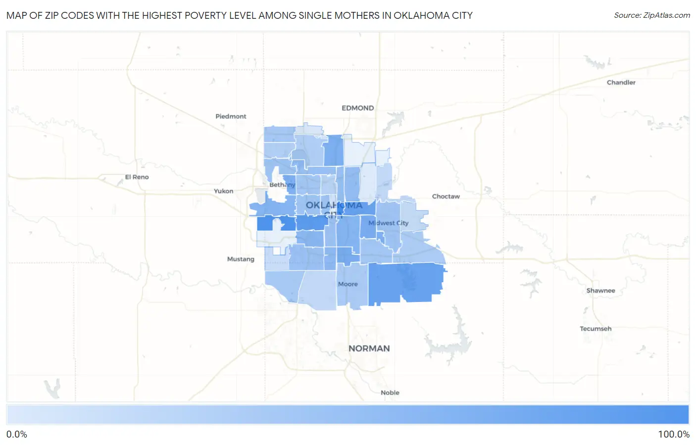 Zip Codes with the Highest Poverty Level Among Single Mothers in Oklahoma City Map
