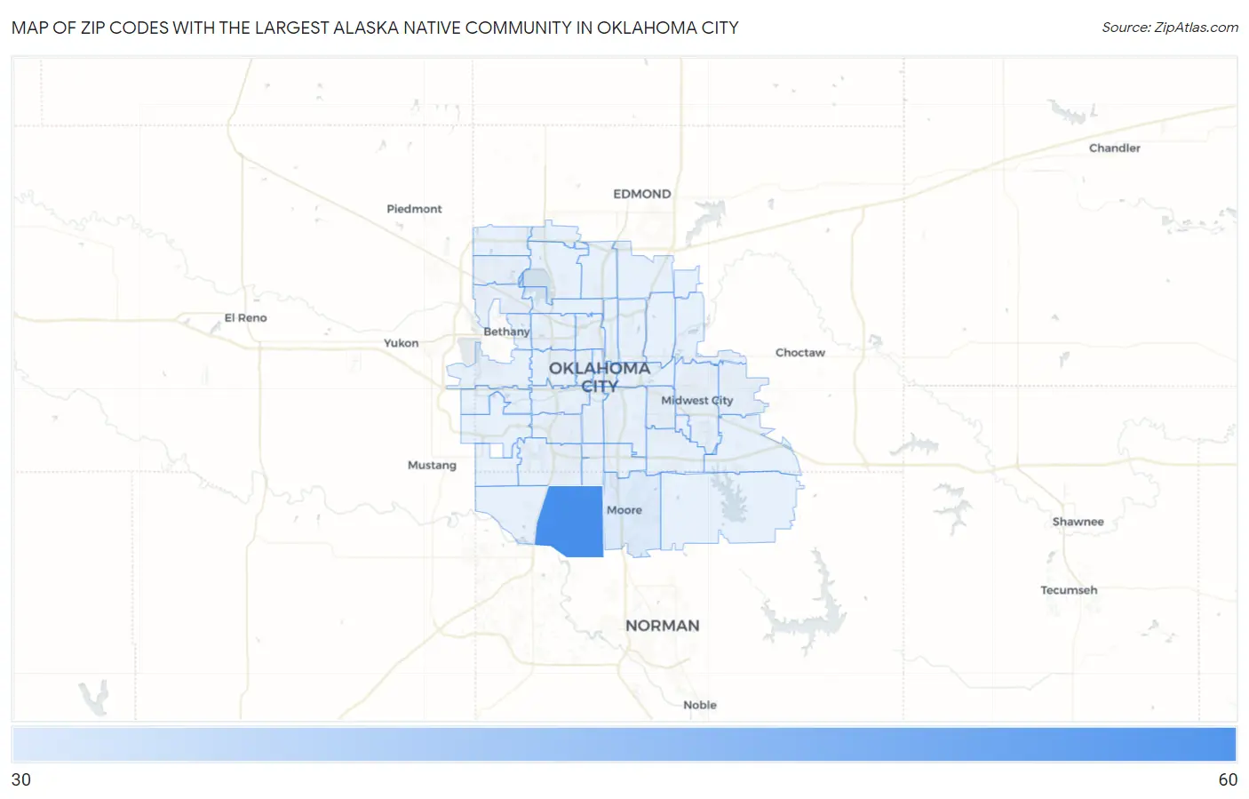 Zip Codes with the Largest Alaska Native Community in Oklahoma City Map