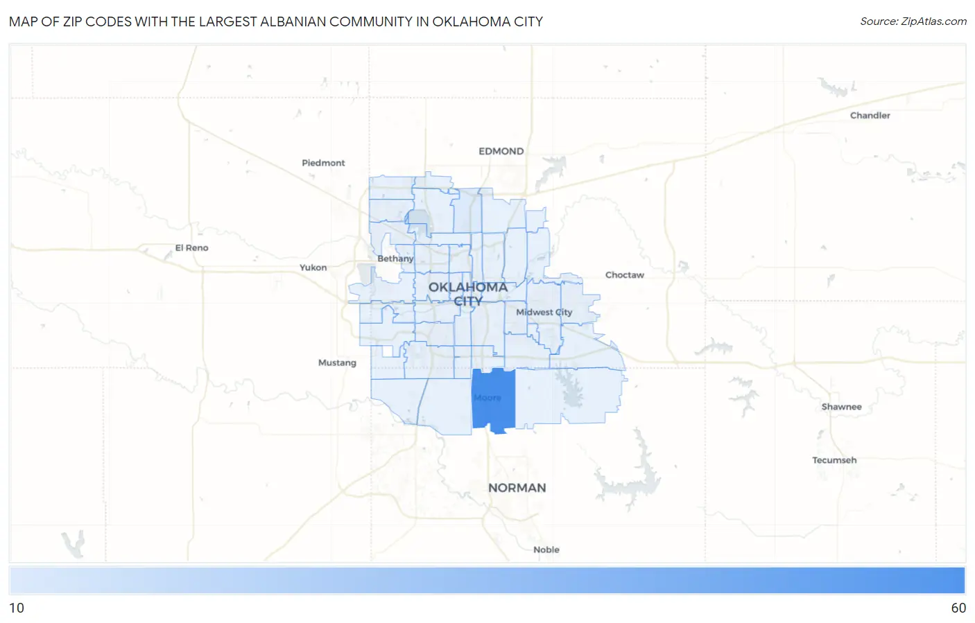 Zip Codes with the Largest Albanian Community in Oklahoma City Map