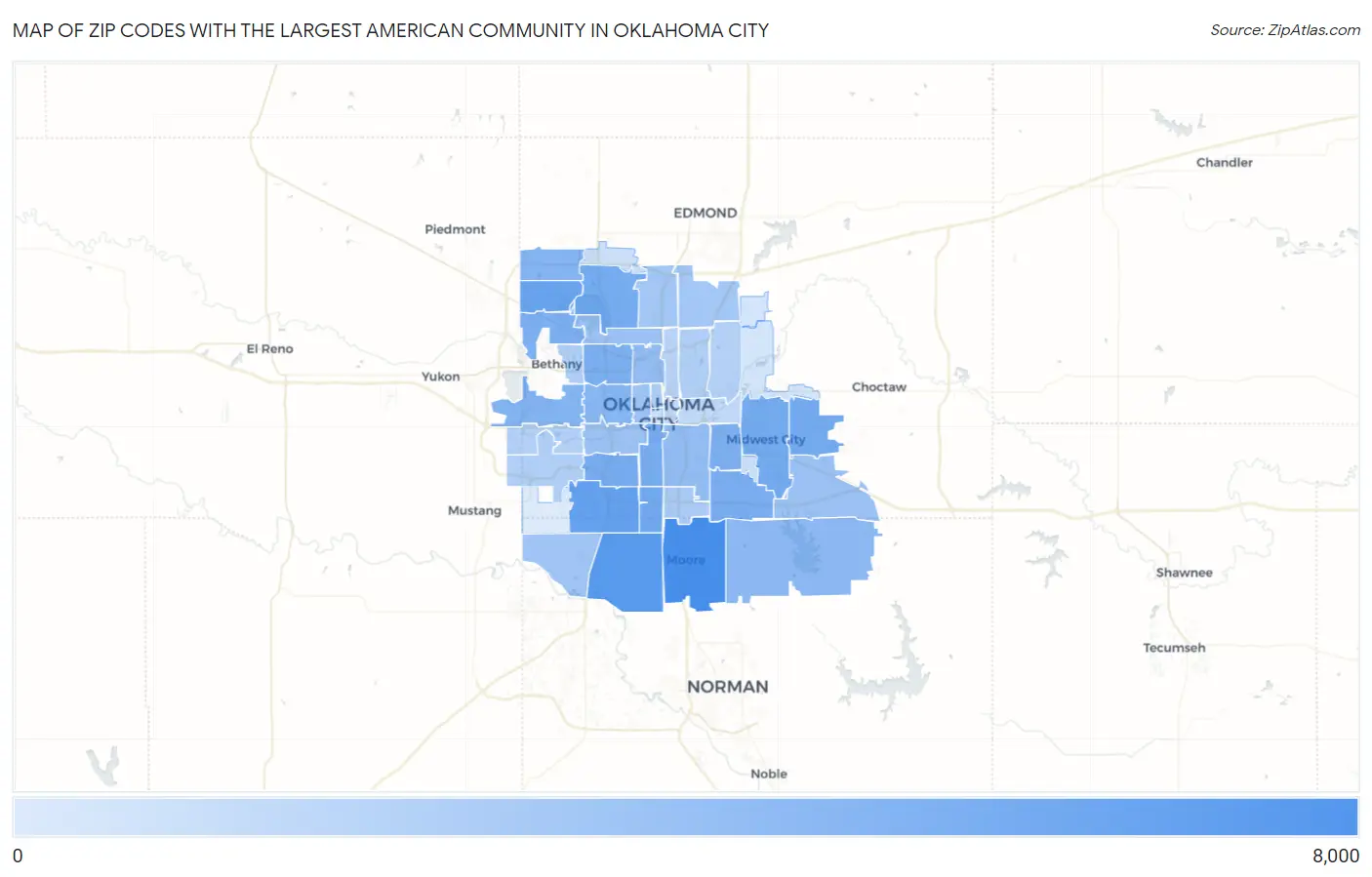 Zip Codes with the Largest American Community in Oklahoma City Map