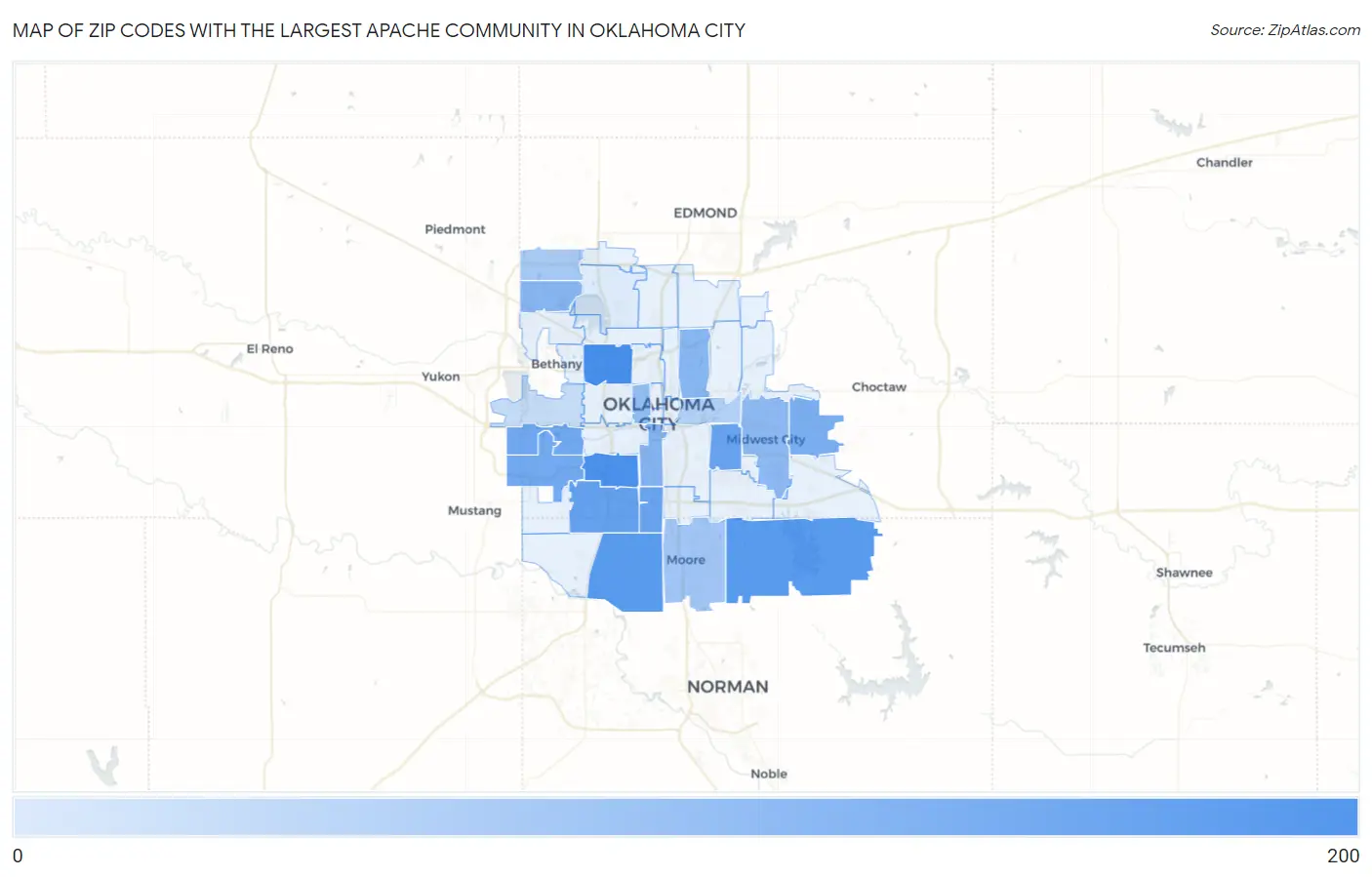 Zip Codes with the Largest Apache Community in Oklahoma City Map