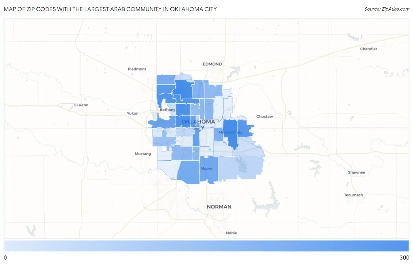 Zip Codes with the Largest Arab Community in Oklahoma City Map