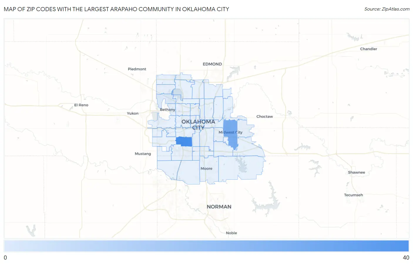 Zip Codes with the Largest Arapaho Community in Oklahoma City Map