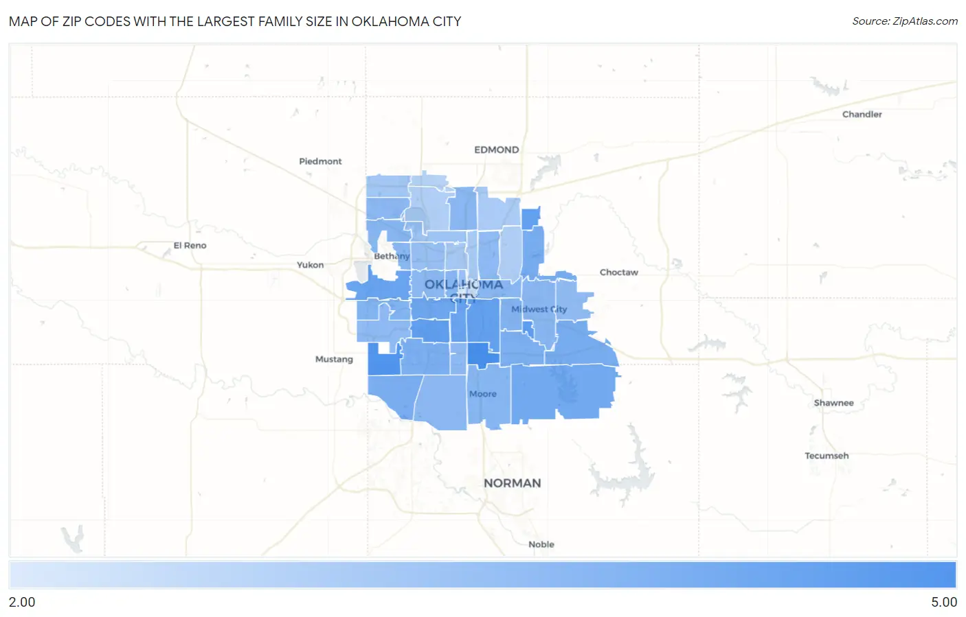 Zip Codes with the Largest Family Size in Oklahoma City Map