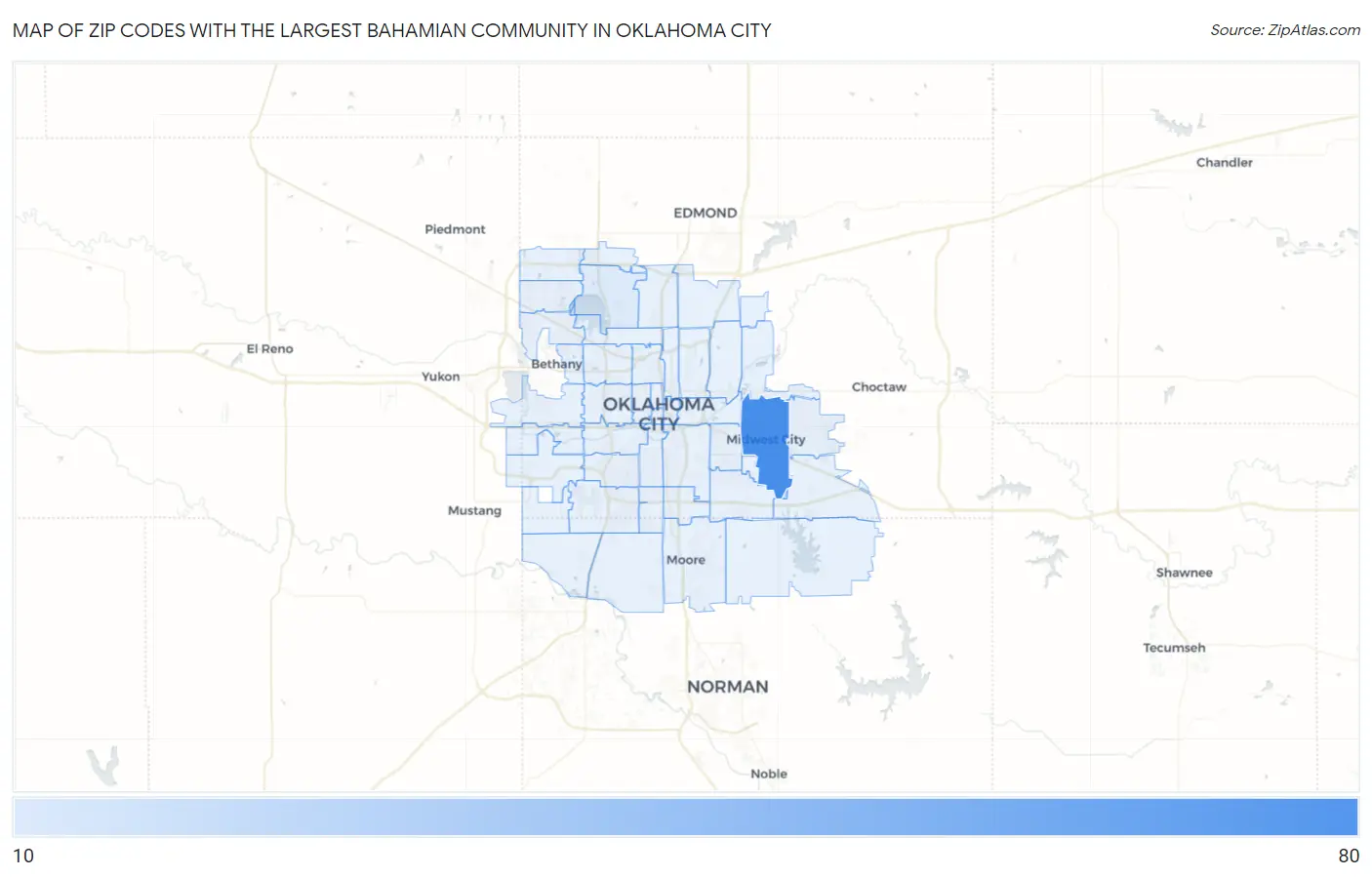 Zip Codes with the Largest Bahamian Community in Oklahoma City Map