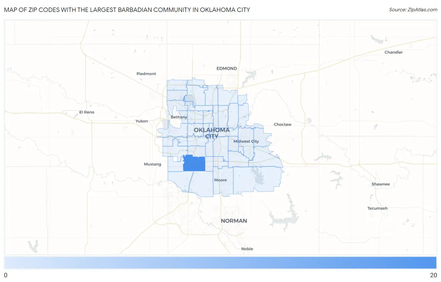 Zip Codes with the Largest Barbadian Community in Oklahoma City Map