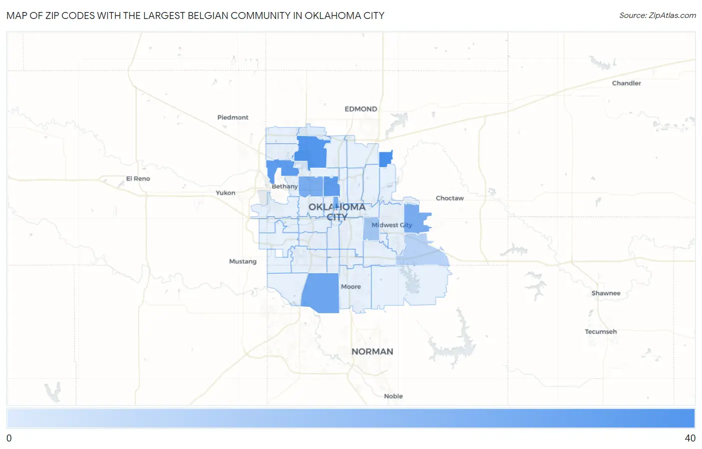 Zip Codes with the Largest Belgian Community in Oklahoma City Map