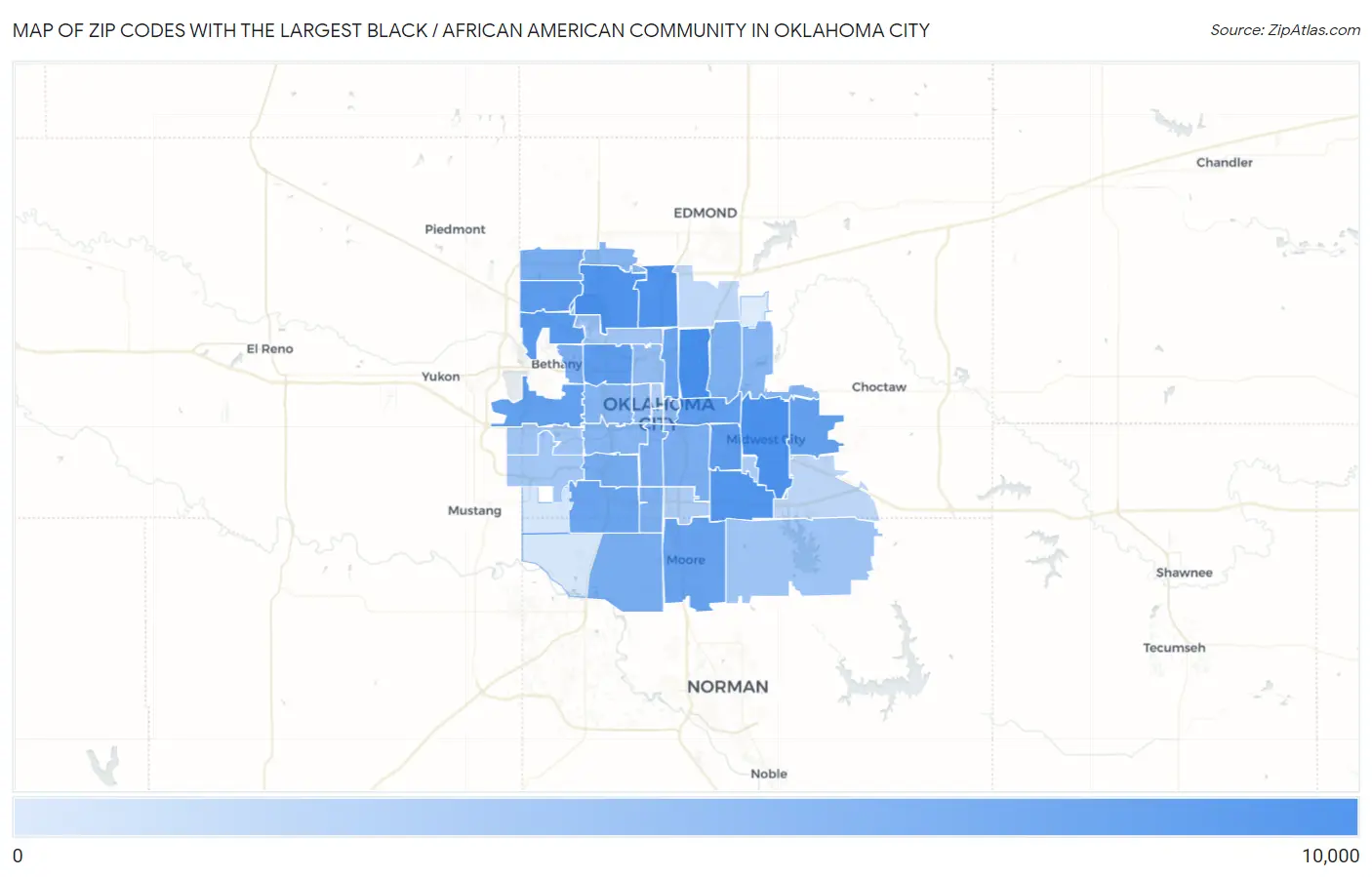 Zip Codes with the Largest Black / African American Community in Oklahoma City Map