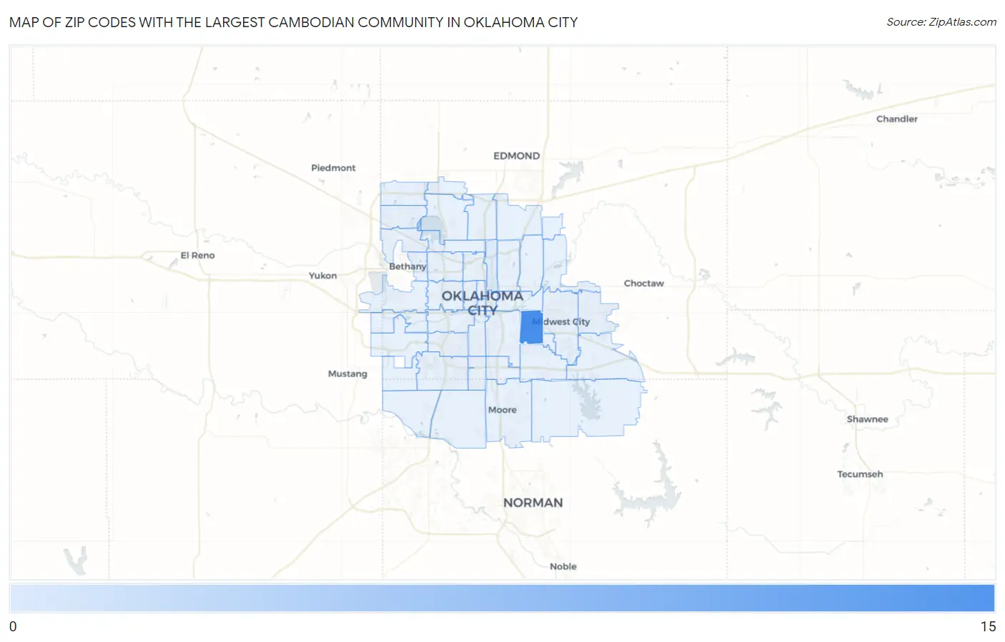 Zip Codes with the Largest Cambodian Community in Oklahoma City Map