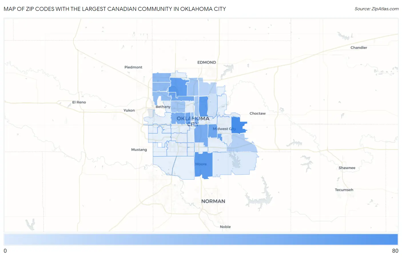 Zip Codes with the Largest Canadian Community in Oklahoma City Map