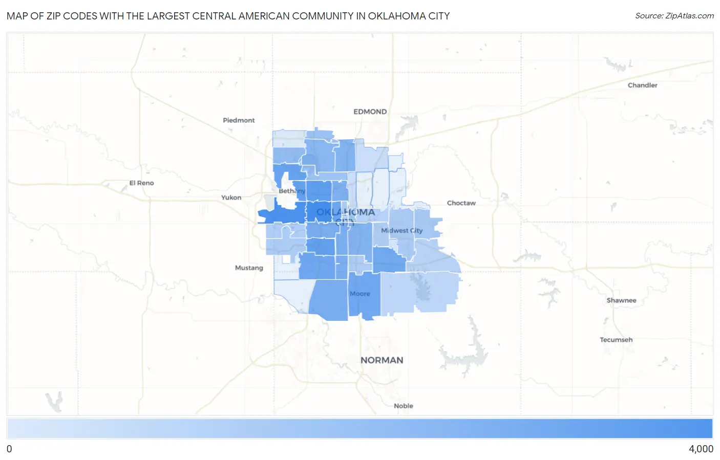 Zip Codes with the Largest Central American Community in Oklahoma City Map