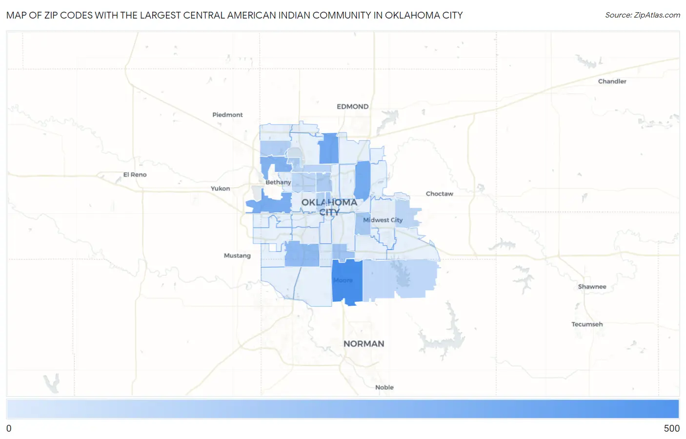 Zip Codes with the Largest Central American Indian Community in Oklahoma City Map