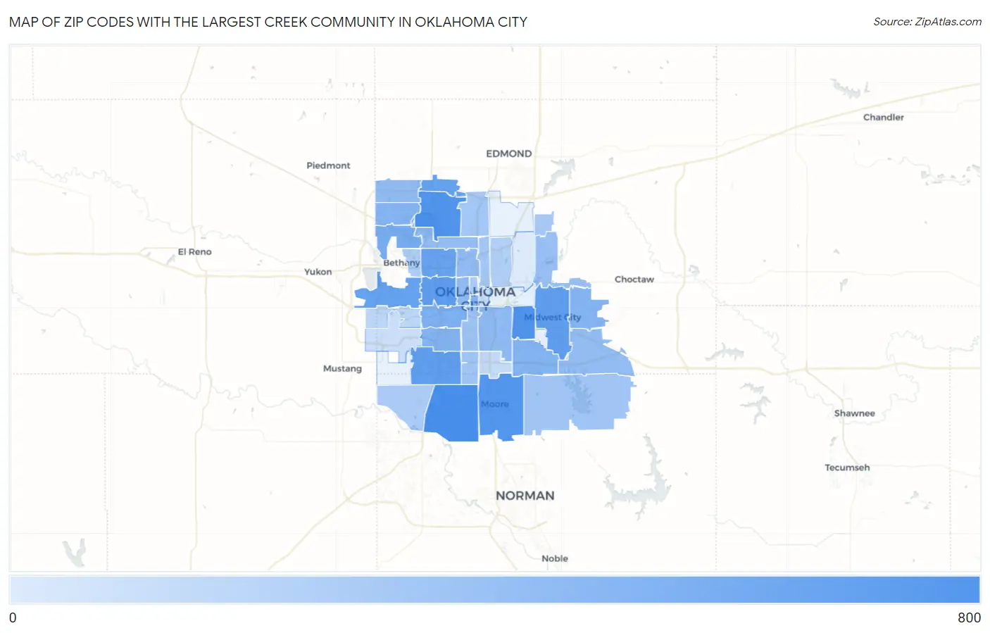 Zip Codes with the Largest Creek Community in Oklahoma City Map