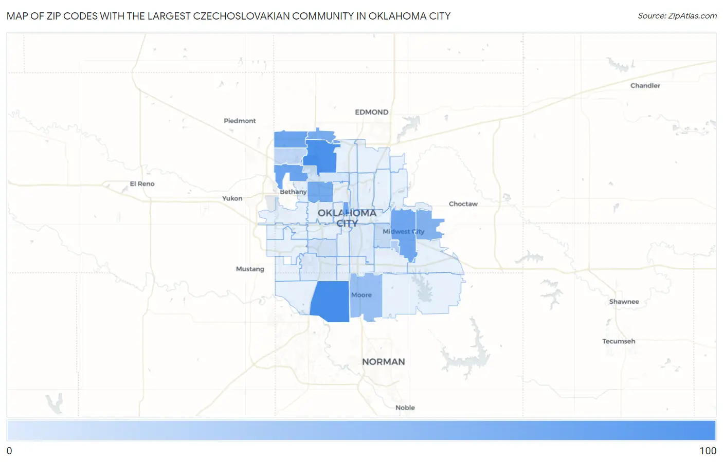 Zip Codes with the Largest Czechoslovakian Community in Oklahoma City Map