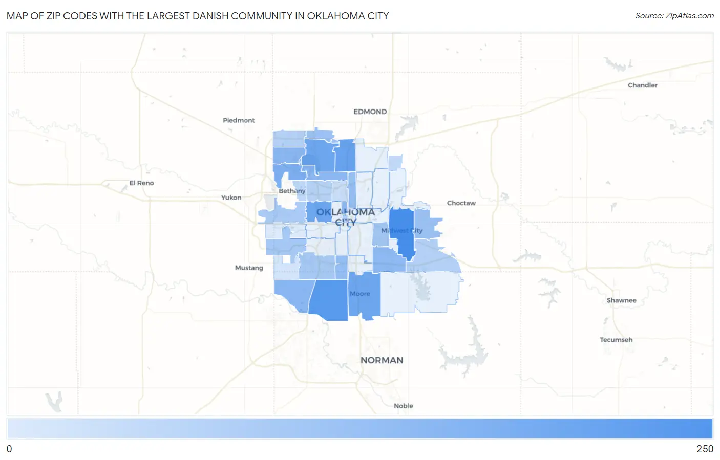 Zip Codes with the Largest Danish Community in Oklahoma City Map