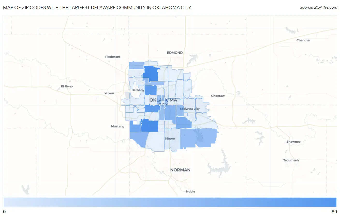Zip Codes with the Largest Delaware Community in Oklahoma City Map