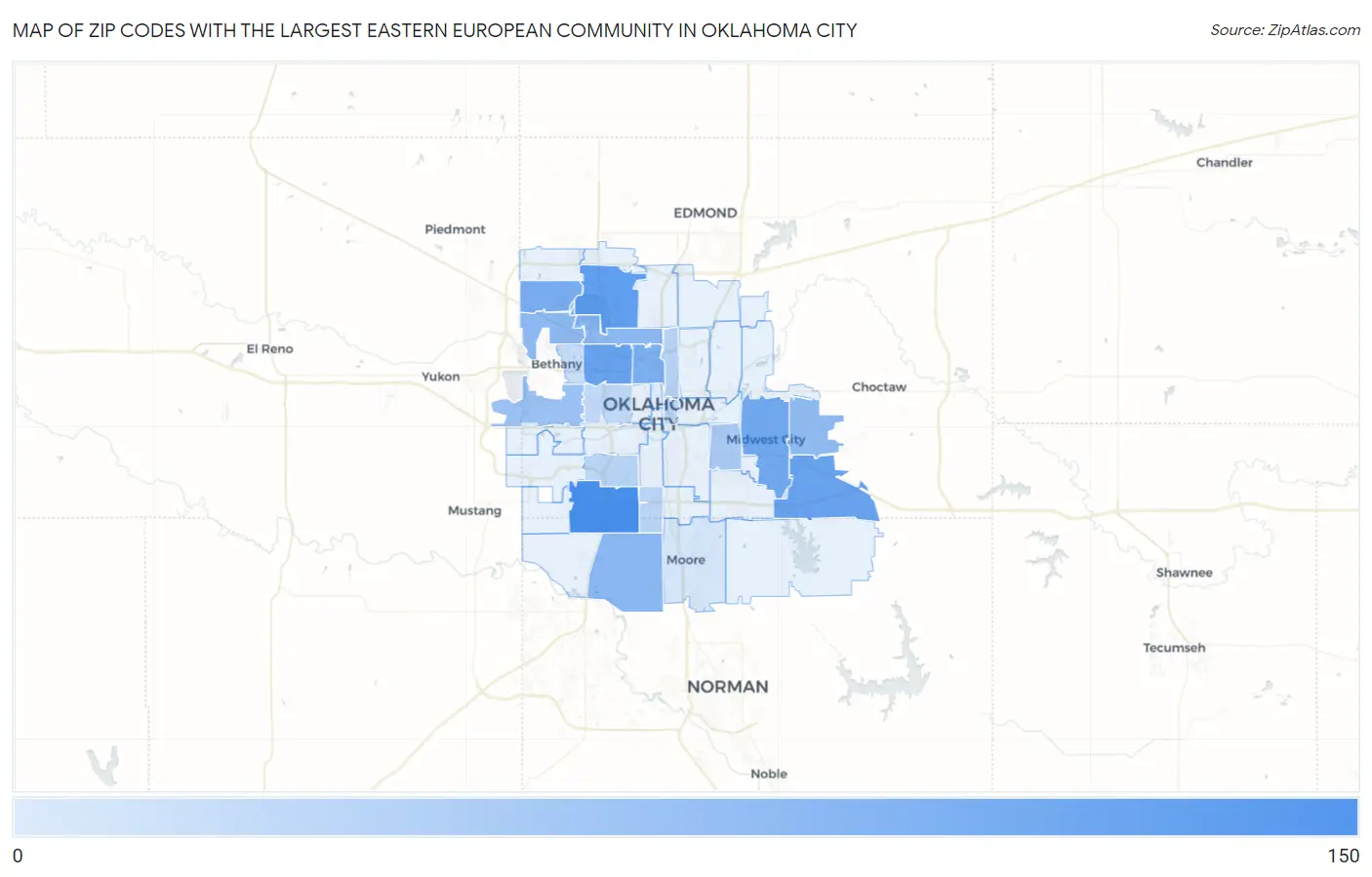 Zip Codes with the Largest Eastern European Community in Oklahoma City Map