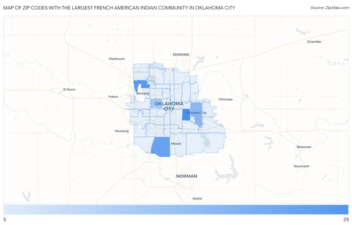Zip Codes with the Largest French American Indian Community in Oklahoma City Map