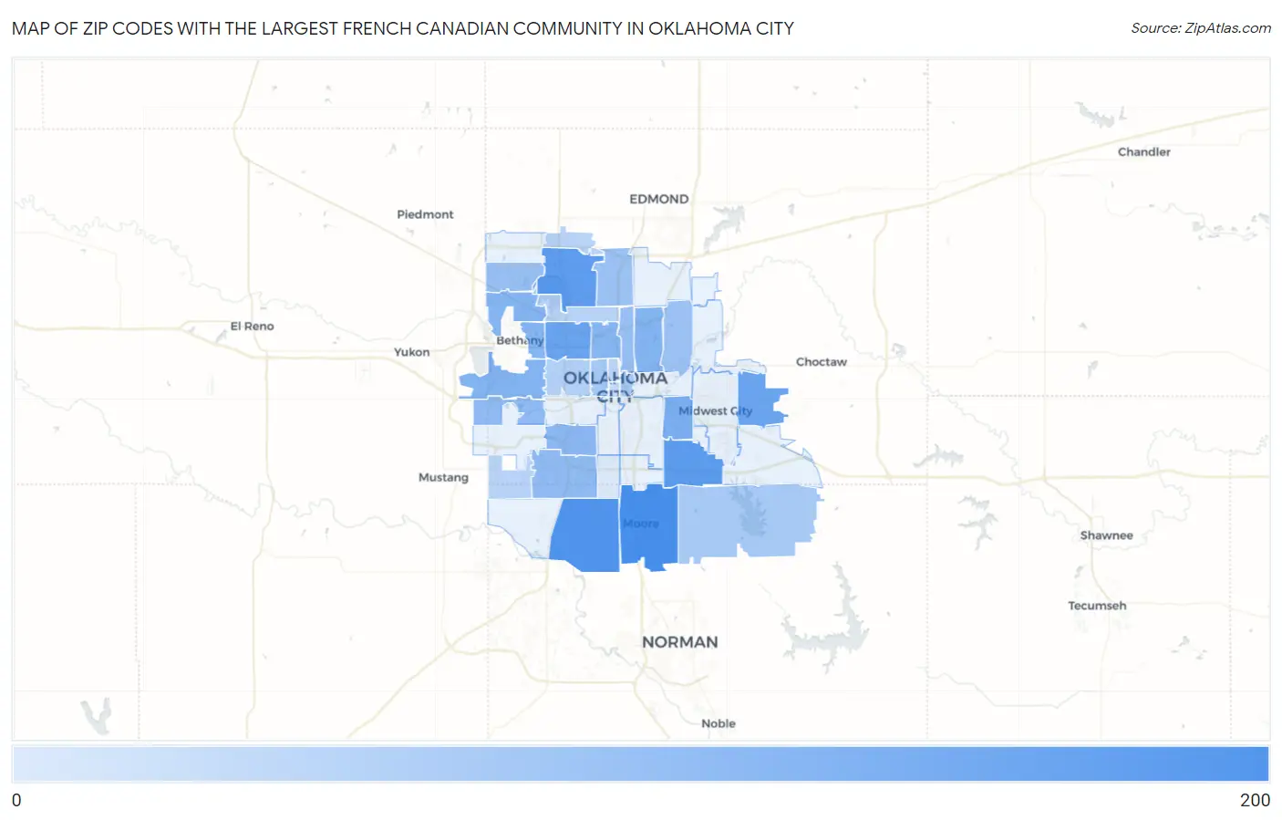 Zip Codes with the Largest French Canadian Community in Oklahoma City Map