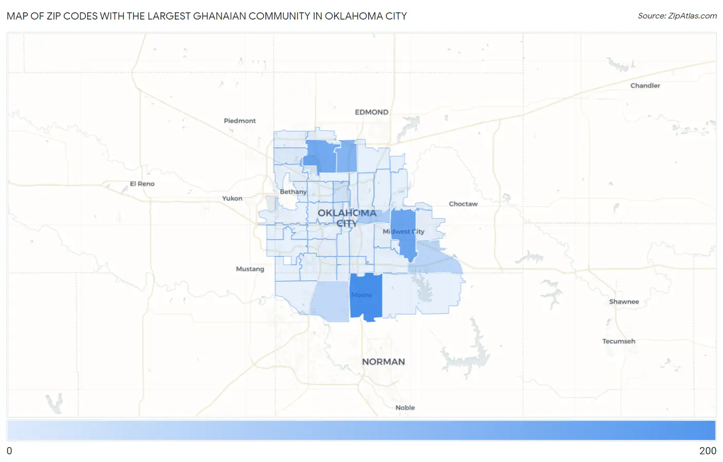 Zip Codes with the Largest Ghanaian Community in Oklahoma City Map