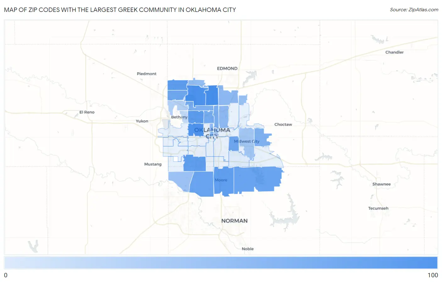 Zip Codes with the Largest Greek Community in Oklahoma City Map