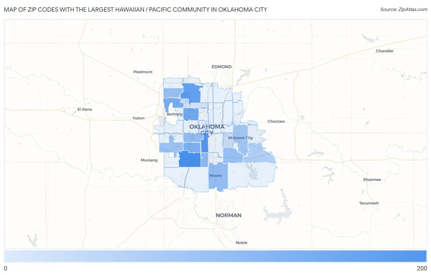 Zip Codes with the Largest Hawaiian / Pacific Community in Oklahoma City Map
