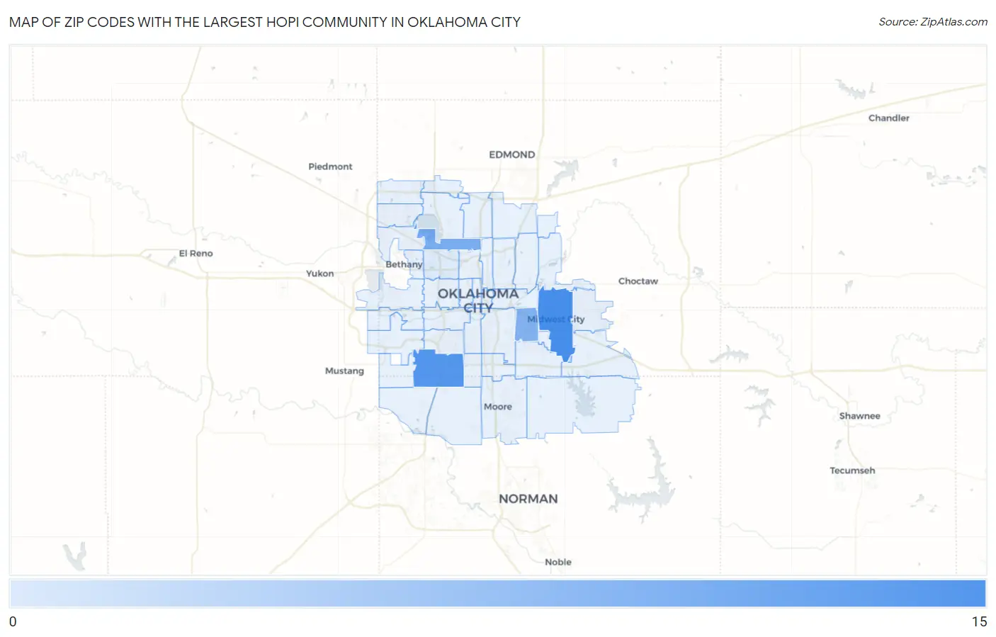 Zip Codes with the Largest Hopi Community in Oklahoma City Map