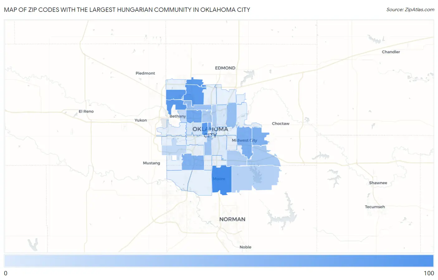 Zip Codes with the Largest Hungarian Community in Oklahoma City Map
