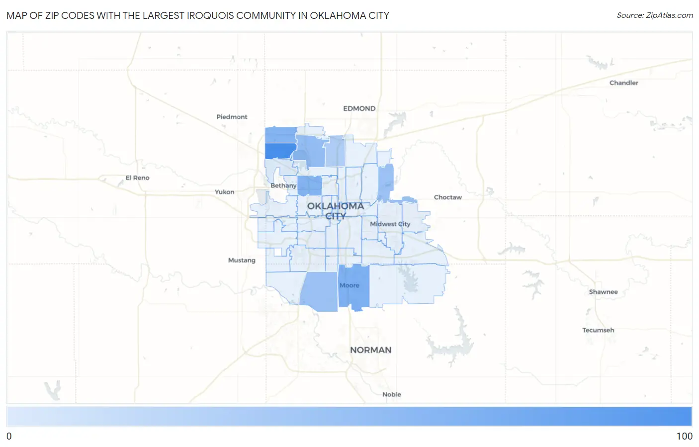 Zip Codes with the Largest Iroquois Community in Oklahoma City Map