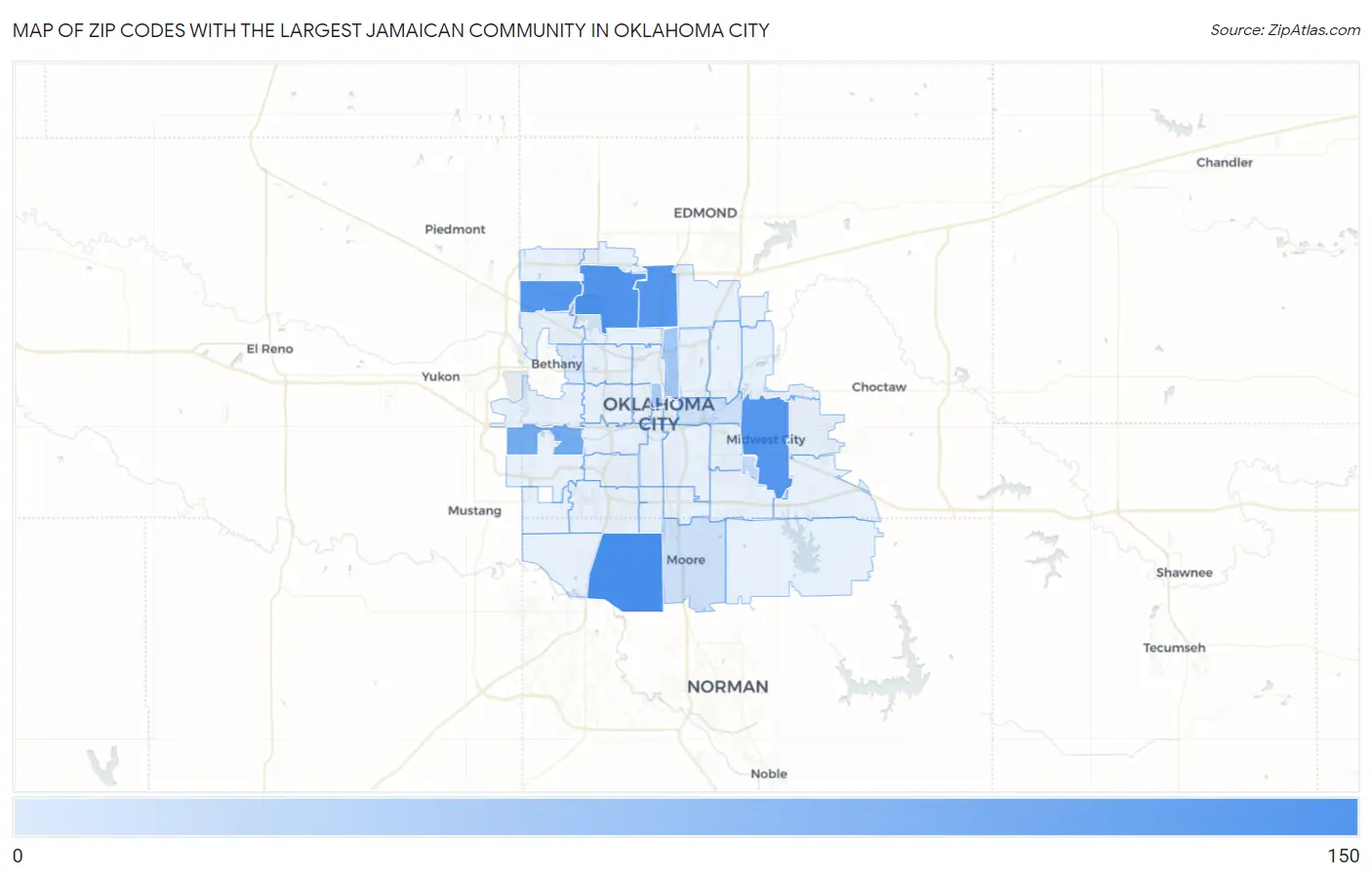 Zip Codes with the Largest Jamaican Community in Oklahoma City Map