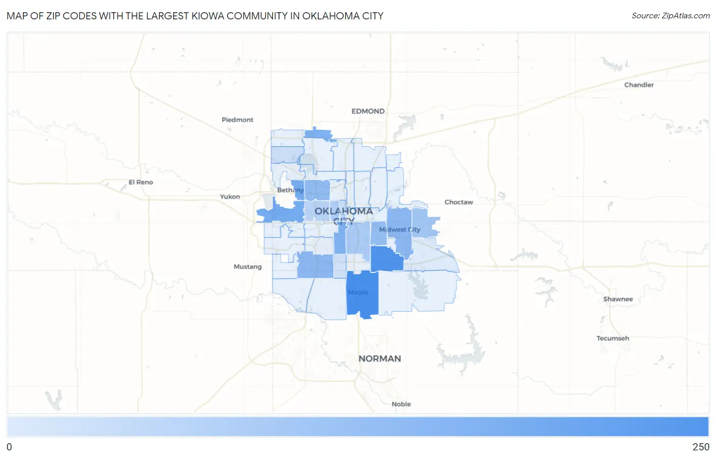Zip Codes with the Largest Kiowa Community in Oklahoma City Map