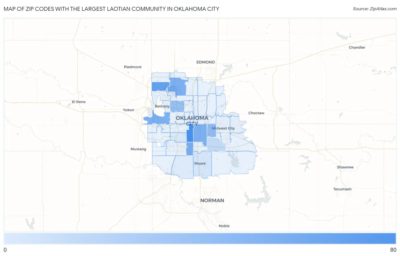 Zip Codes with the Largest Laotian Community in Oklahoma City Map