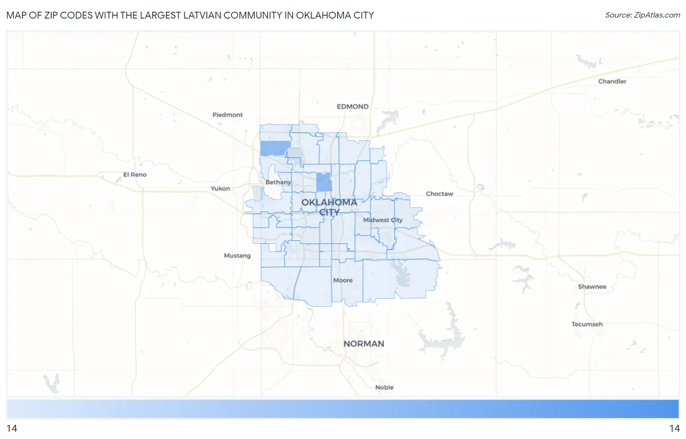 Zip Codes with the Largest Latvian Community in Oklahoma City Map