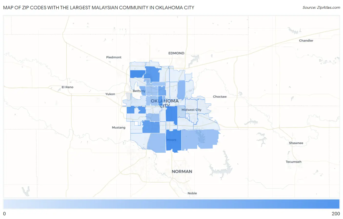 Zip Codes with the Largest Malaysian Community in Oklahoma City Map