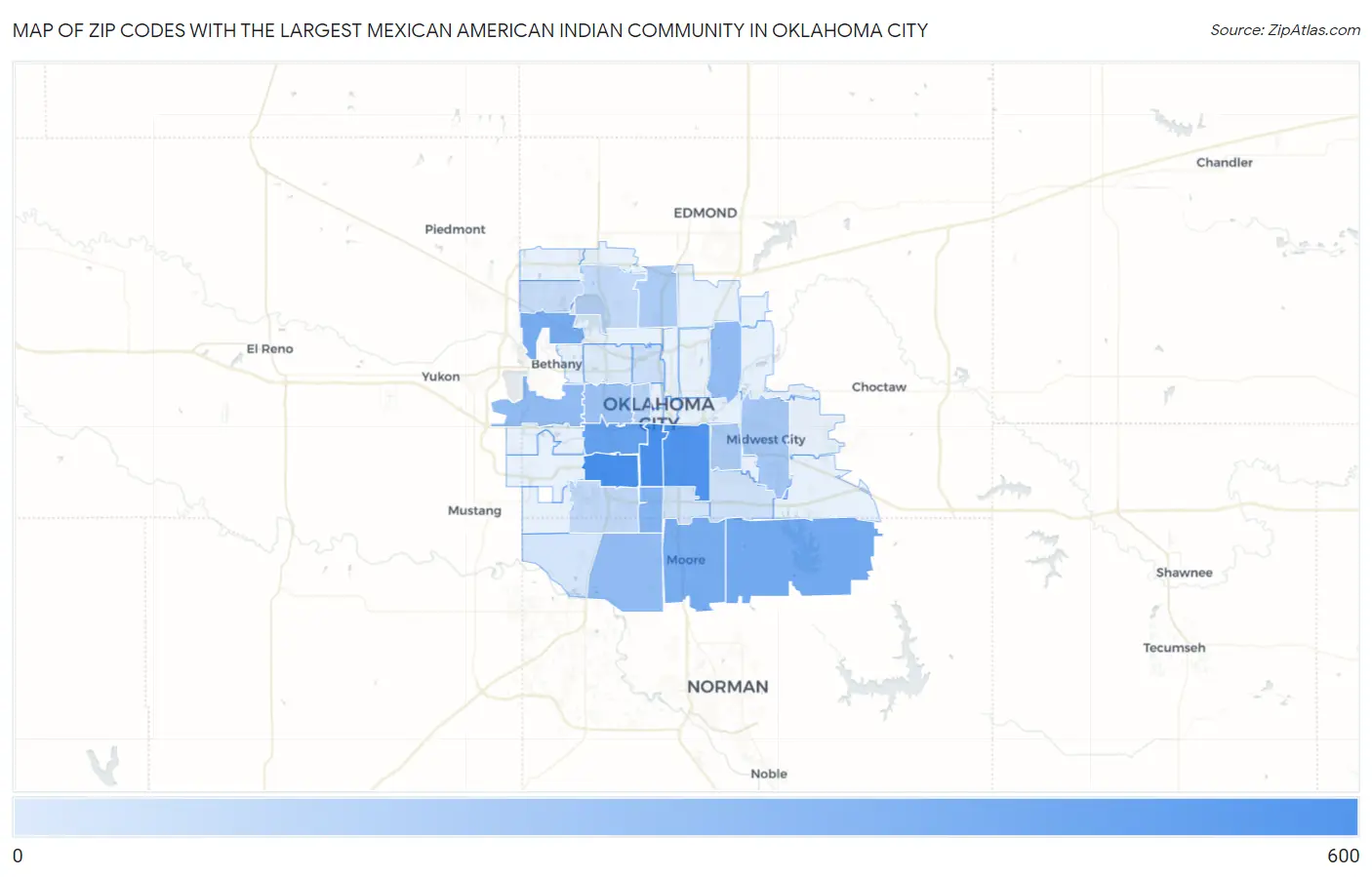 Zip Codes with the Largest Mexican American Indian Community in Oklahoma City Map