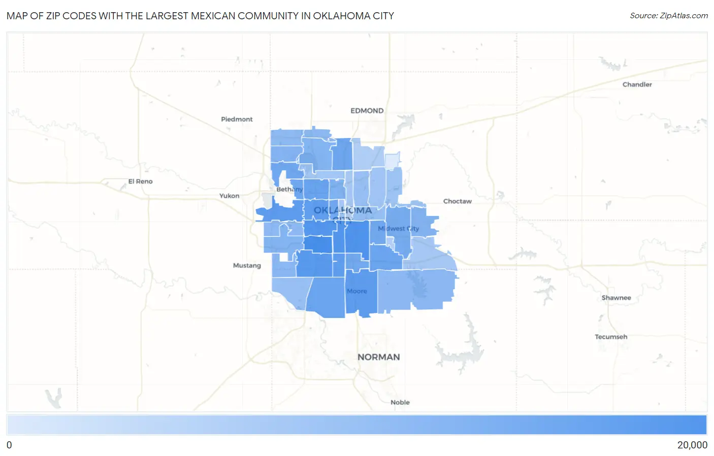 Zip Codes with the Largest Mexican Community in Oklahoma City Map