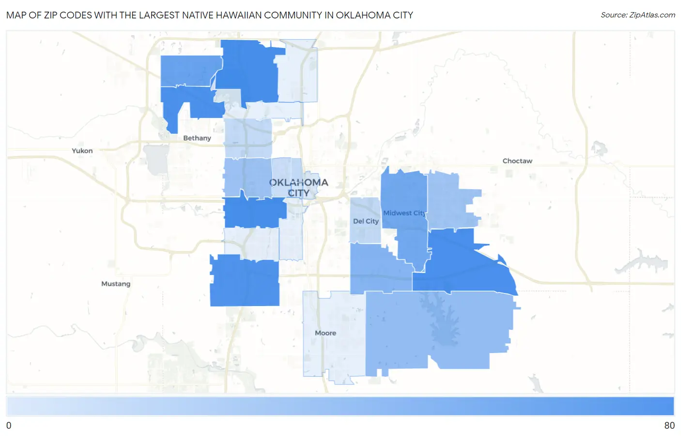 Zip Codes with the Largest Native Hawaiian Community in Oklahoma City Map