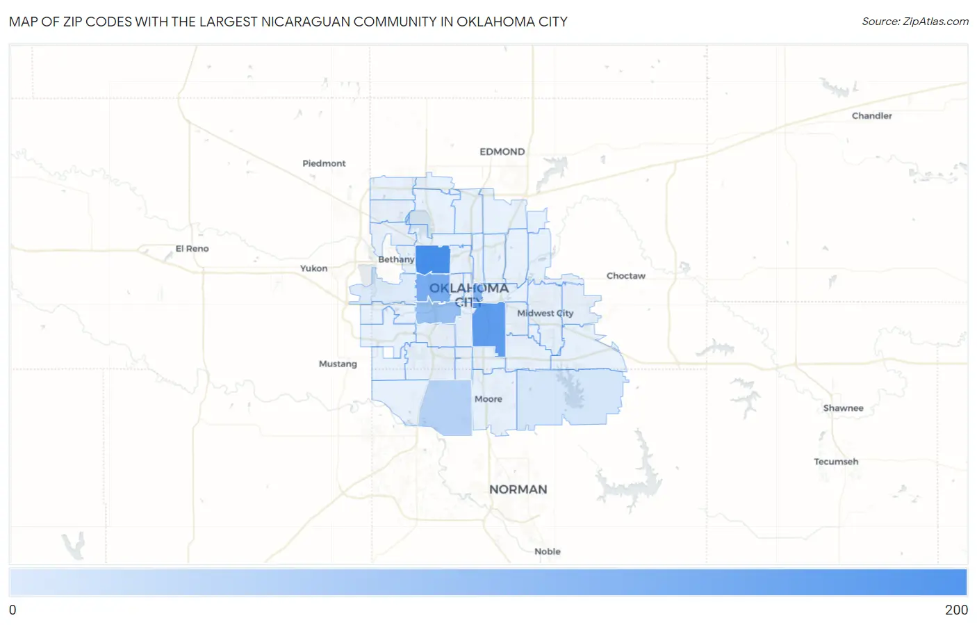 Zip Codes with the Largest Nicaraguan Community in Oklahoma City Map
