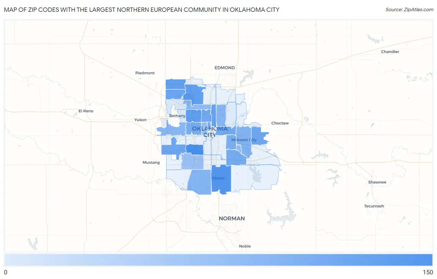 Zip Codes with the Largest Northern European Community in Oklahoma City Map