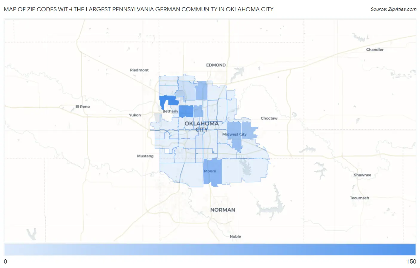 Zip Codes with the Largest Pennsylvania German Community in Oklahoma City Map