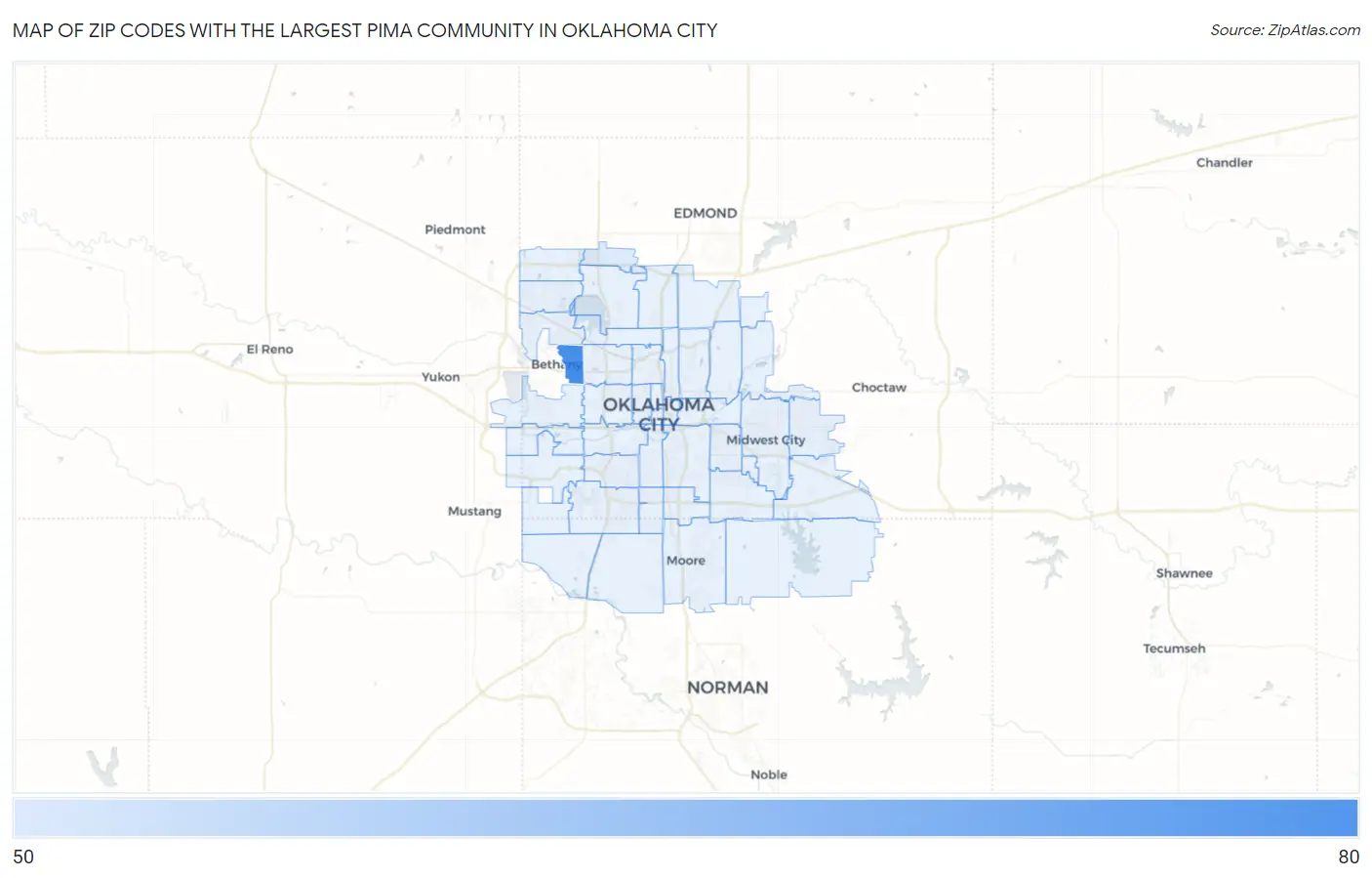 Zip Codes with the Largest Pima Community in Oklahoma City Map