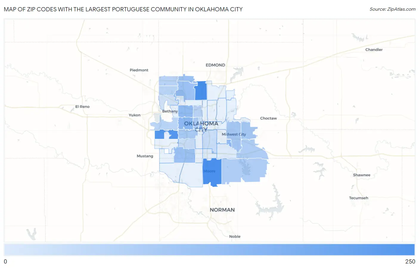 Zip Codes with the Largest Portuguese Community in Oklahoma City Map