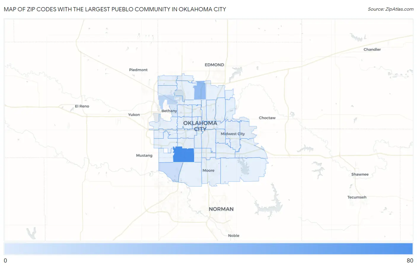 Zip Codes with the Largest Pueblo Community in Oklahoma City Map