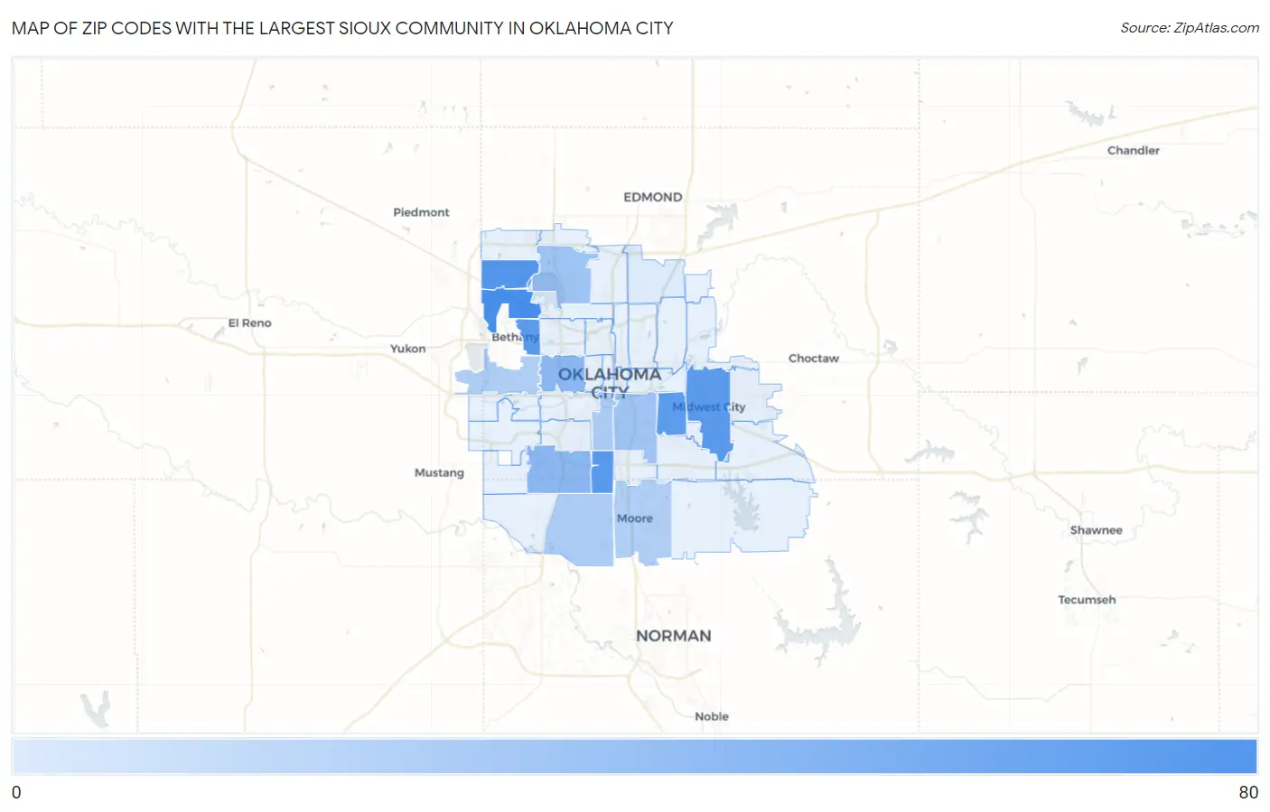 Zip Codes with the Largest Sioux Community in Oklahoma City Map
