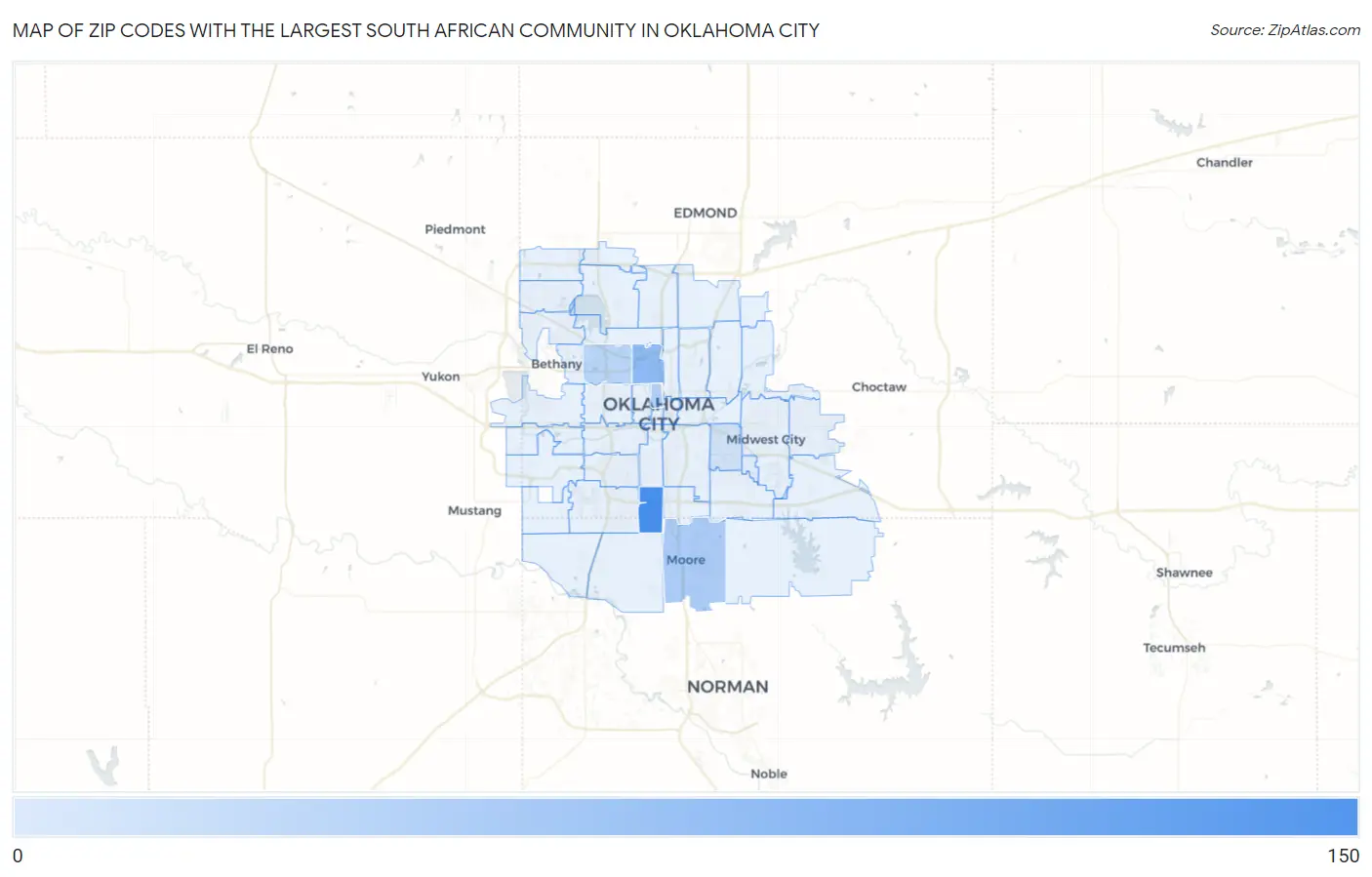 Zip Codes with the Largest South African Community in Oklahoma City Map