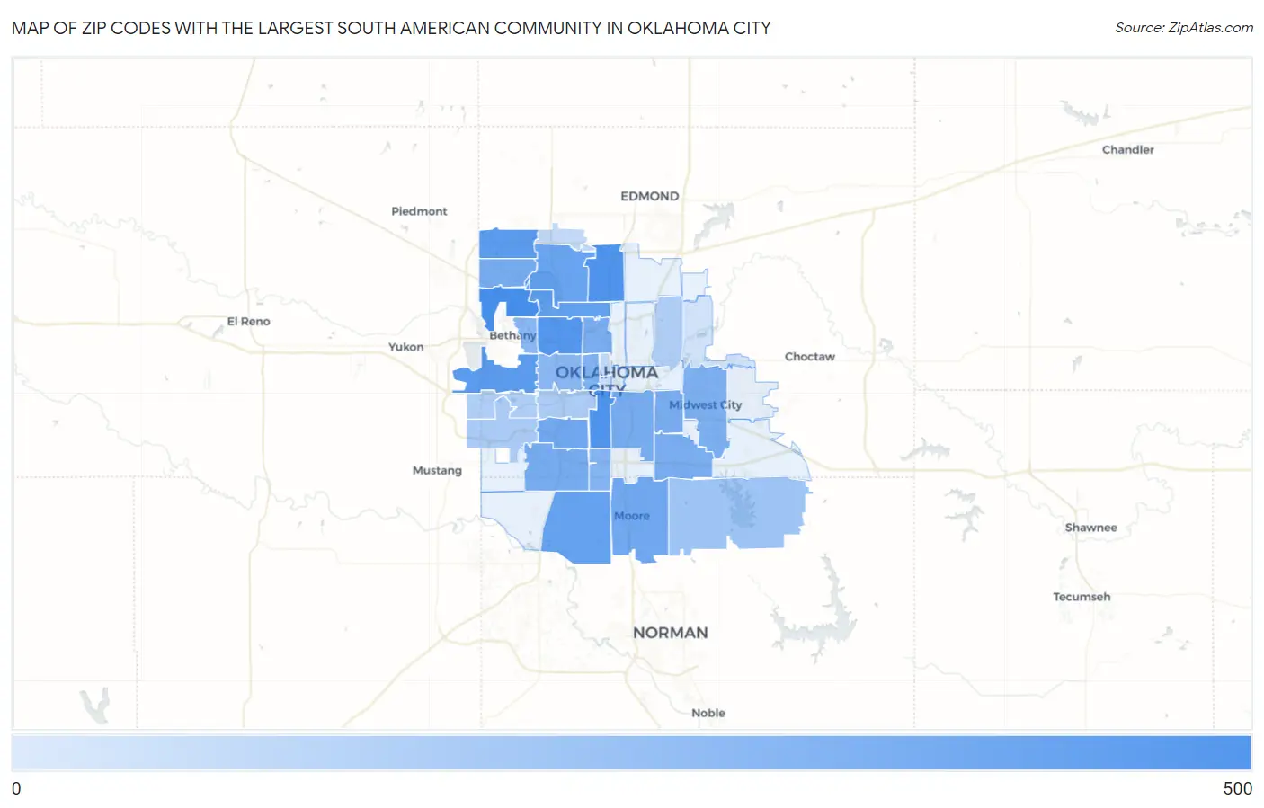 Zip Codes with the Largest South American Community in Oklahoma City Map