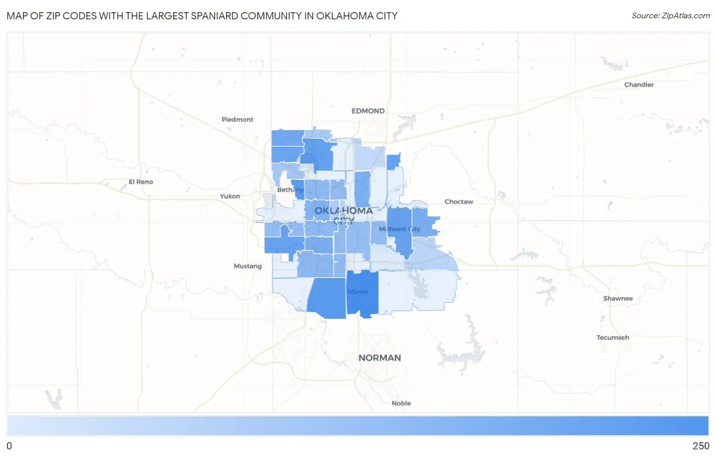 Zip Codes with the Largest Spaniard Community in Oklahoma City Map