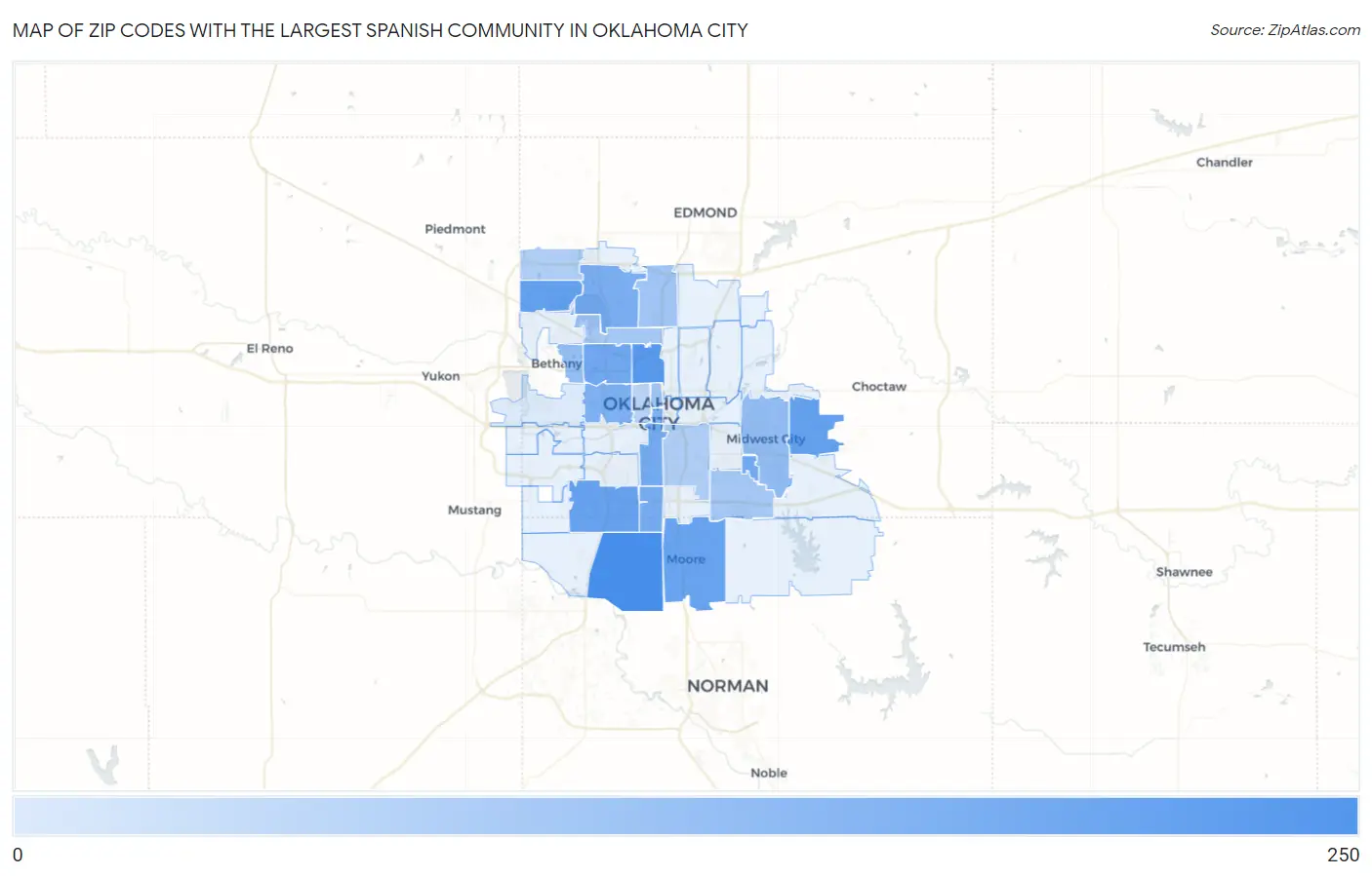 Zip Codes with the Largest Spanish Community in Oklahoma City Map