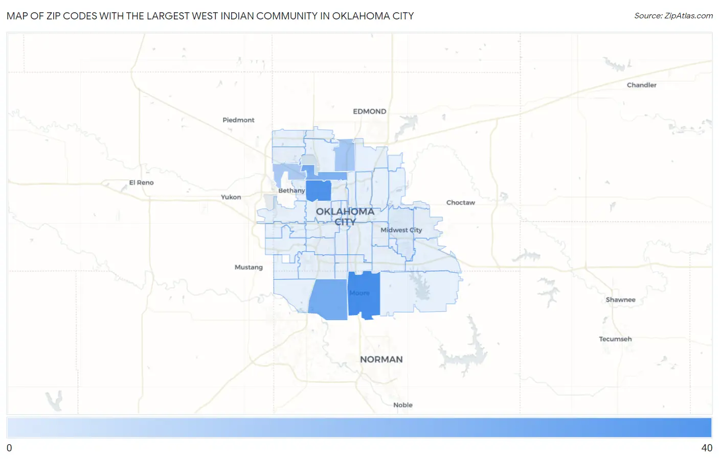 Zip Codes with the Largest West Indian Community in Oklahoma City Map