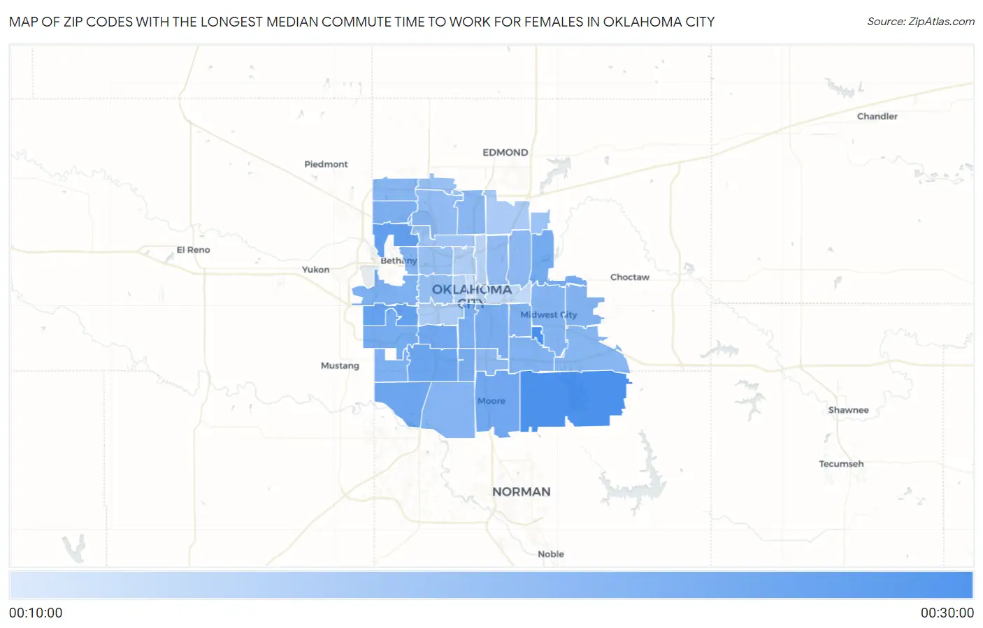 Zip Codes with the Longest Median Commute Time to Work for Females in Oklahoma City Map